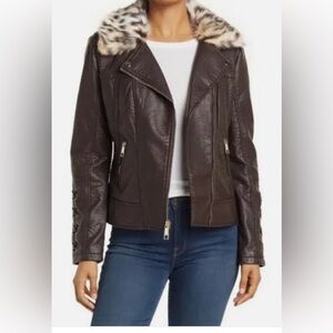 Guess Dark Brown Leather Jacket with Faux Fur Collar